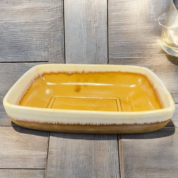 Vintage 1960s USA Pottery Rectangular Dish Bowl Flower Pot Planter Yellow Drip - Picture 1 of 14